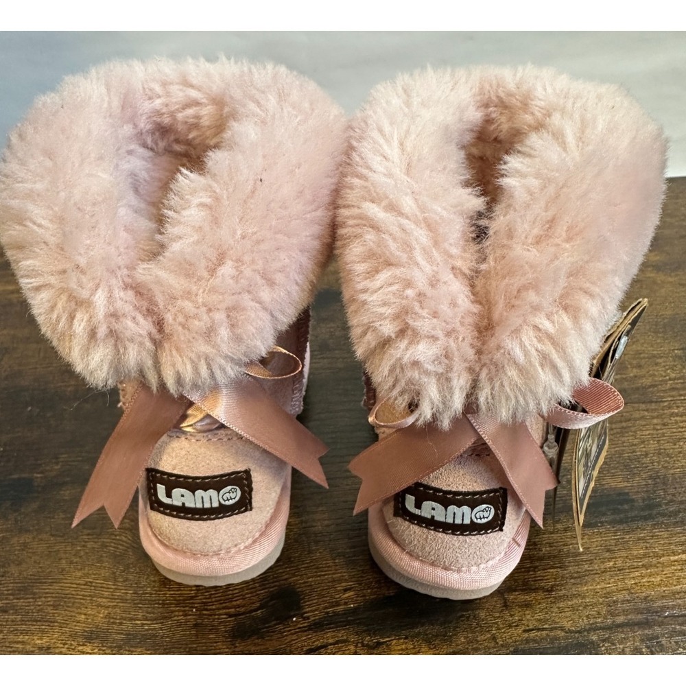Lamo Youth Rose Pink Suede Faux Fur Bow Winter Boots Splash Secure Size 6C NEW - Picture 8 of 10